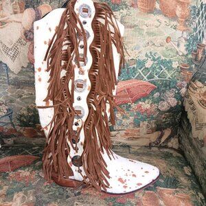 🆕Women White Synthetic Fringe  Country Style Riding Cow Print Western Boots